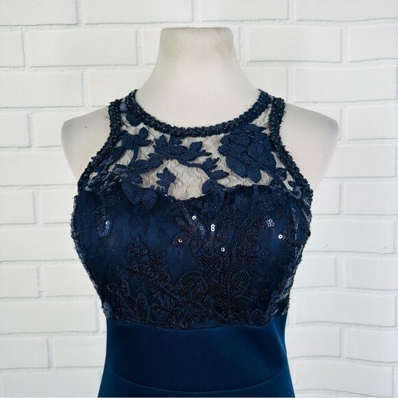 Sequin Hearts Navy Blue Sequin Bodycon Midi Dress - Size 7 - Picture 3 of 16